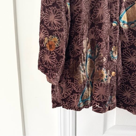 Citron Brown Velvet Butterfly Mandarin Collar Neck Button Up Blouse Small Asian - Picture 8 of 12